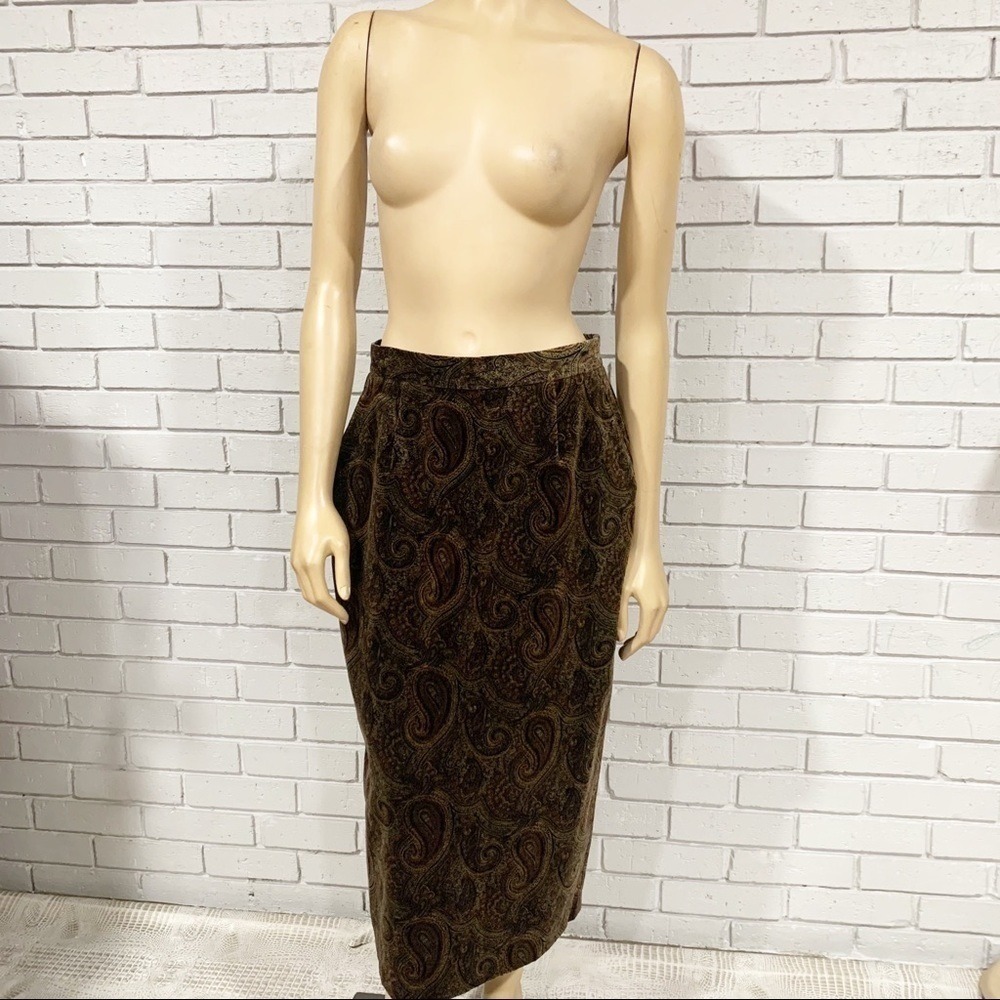 Michelle Stuart Vintage Paisley Velvet Pencil Midi Skirt Brown Gold Sz 14